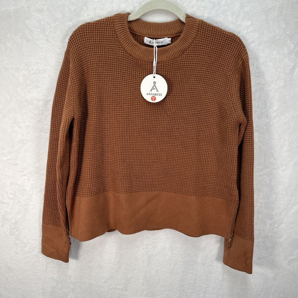Waffle Knit Pullover Sweater Womens Small Anrabess Brown‎ Side Zip Fall Cabin